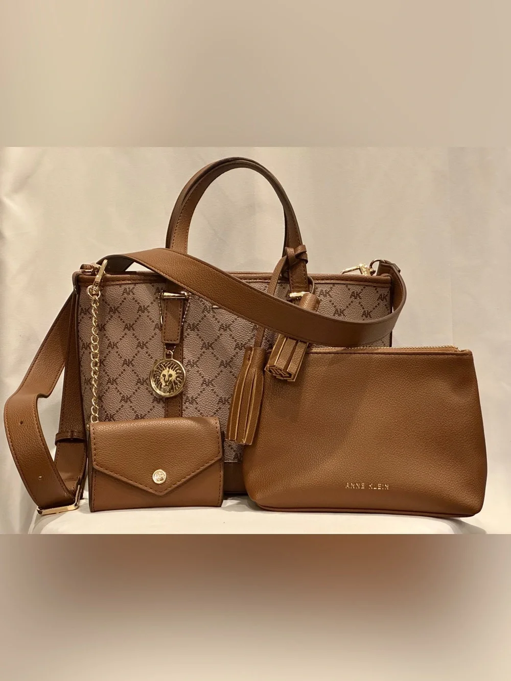 Anne Klein Brown 3-in-1 Satchel Crossbody Handbag Set | Removable Pouch & Wallet